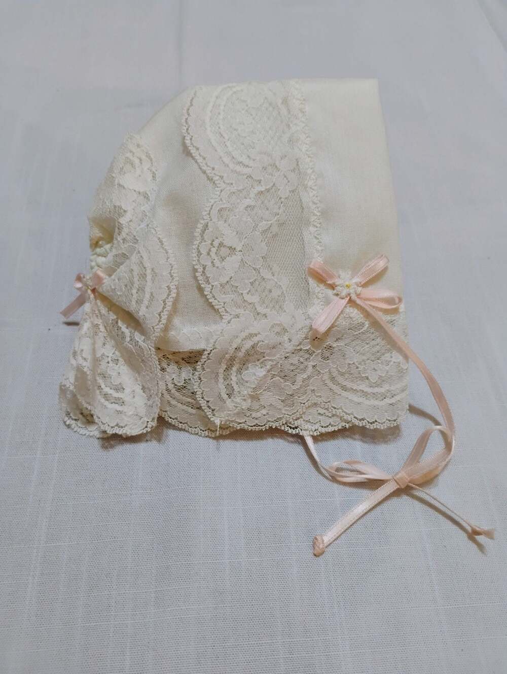 Vintage Ivory Lace and Cotton Christening Baby Bonnet - Delicate Pink Ribbon Acc